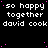 Black background with repeated white text "so happy together david cook" and scattered pink dots, one gray square in bottom-right corner.