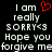 Pixelated text on black background with red heart symbol above 'I am really SORRY<3 Hope you forgive me' in white block letters.