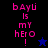 Pixelated text 'bayu is my hero!' in pink on dark backgrounds with a star symbol changing from blue to black.