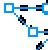 Blue and black pixelated shapes form a dynamic pattern on a gray background, with blue lines connecting square and arrow-like elements.