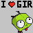 Pixel art buddy icon featuring a green cartoon character with mismatched eyes and text reading "I ❤️ GIR" on gray background.
