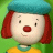 Pixelated cartoon character with red hair, blue hat, and red nose against green background.