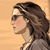 Pixelated profile view of a person with brown hair wearing sunglasses and a light-colored top against a beige background.