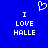 Blue background with white pixelated text "I LOVE HALLE" on left and right, and a pixelated heart symbol above center.