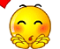 Yellow emoji face with closed eyes and red blush, hands clasped near mouth in various poses with floating or held red hearts.