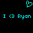 Cyan pixel art displays a heart symbol above repeated text reading "I <3 Ryon" on black background.