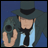 A pixelated contact sheet showing two frames of an animated buddy icon featuring a character holding a revolver against a blue background and text reading "Anime IM" on black.