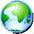 Pixelated globe icon showing green landmasses and blue water with a black stand base, viewed from a slightly angled perspective against a gray background.