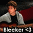 A person in a gray jacket and black shirt plays an electric guitar against a dark red background with the text "Bleeker" overlaid.