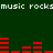 Green background with red audio equalizer bars and repeated white text reading 'music rocks' at top and bottom.