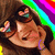 A pixelated image of a person with dark hair and closed eyes, wearing a rainbow-colored headband against a brown background.