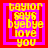 Four identical pixelated display yellow text on pink and red backgrounds with a central red square frame