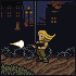 Pixel art of a blonde character firing a weapon at night, standing on dirt ground with barbed wire and buildings in the background.