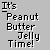 Pixelated character in yellow shirt with white head waves against gray background, text "It's Peanut Butter Jelly Time!" appears top-left and bottom-center.