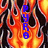 A pixelated static image shows vertical blue text reading "PYRO" against a fiery background with orange, yellow, and black flames.