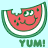 Pixelated watermelon slice with a bite taken out, smiling face, green rind, white flesh, red interior, and 'YUM!' text below on light blue background.