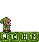Pixel art character with green hat and pink hair stands atop green spelling 'JOHN' in white letters, shown in multiple poses across frames