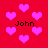 Red background with scattered pink hearts and four instances of the name 'John' in black pixelated text.