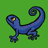 A pixelated blue lizard with a curled tail and yellow eye on solid green background, rendered in low-resolution digital art style.