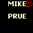 Pixelated text 'MIKE' with red heart symbol replacing 'E', 'PRUE' below, on black background.