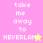 Pixelated text 'take me away to NEVERLAND' on split pastel backgrounds with a small star icon, one version featuring yellow and pink, the other yellow and peach.