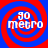 Four identical circular icons arranged in a , each with red and blue concentric spirals surrounding white text reading '90 metro' on a solid background