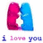 Two stylized figures in pink and blue embrace with a white star between them, below which text reads "i love you i love you".