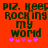 Red background with dark green pixelated text reading "Piz. Keep Rocking my Womd" and pink asterisks below, showing animation changes in the middle 's third character