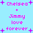 Pixelated text on light blue background with purple stars, displaying 'Chelsea + Jimmy love forever' in two mirrored