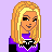 Pixel art contact sheet showing a female character in purple crop top and blue flared pants with white accents, displayed across multiple frames on light purple background.