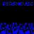 Blue pixelated text "PERSHOUSE PERSHOUSE" on black background with blue abstract shapes below.