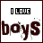 Static pixel art icon with 'I LOVE' in black block letters above 'boys' in dark red, dripping text on white background.