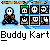 Animated contact sheet of a pixel art buddy icon featuring a character in orange and blue racing gear with green motion trails, displayed across 14 frames showing sequential movement from left to right.