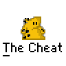 A 4x3 contact sheet of a yellow pixelated character animation with repeated text "The Cheat" below each frame, showing sequential pose changes and one frame with a speech bubble reading "NAHMAH!"
