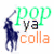Animated icon with four quadrants showing text and imagery: green 'pop', gray 'ya', orange 'colla' over a blue polo player, pink fabric texture with blue 'everyone's', and pink/blue/orange text with a green star.