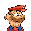 Pixel art of a character with brown hair, mustache, and goatee wearing red cap with white 'M' logo and blue overalls.