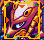 Pixelated character face with orange and purple tones, white forehead marking, blue eyes, and pink border in