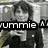 A black-and-white animated icon shows a person with short dark hair in a dark jacket, holding a white object, with the text 'yummie' overlaid in bold white letters on a black bar.