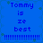 Blue background with pixelated text reading "Tommy is ze best" and dotted lines, arranged in a of four identical with subtle green accents