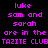 Pixelated text in bright pink on black background with white rectangular overlays, displaying names and club references.