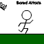 A stick figure repeatedly interacts with a 'Bored Attac' object , showing motion from running to holding and dropping the item