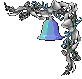 Animated sequence of a blue bell-shaped object rotating within a silver and blue floral frame against a gray background.