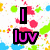 Pixelated image with colorful splatters, text elements, and heart symbols on a white background.