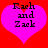 Two identical pink hearts on red background with black text 'Rach and Zack' inside each heart.