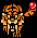 Pixelated orange figure with beige accents holds a red pixelated sphere in left hand on black background; identical figure holds blue sphere instead.