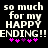 Black background with white pixelated text reading 'so much for my HAPPY ENDING!!' and five pink/purple asterisk-like symbols below.