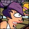 Cartoon character with purple hair, wide eyes, and a toothy grin, wearing a white tank top, set against a blurred background with yellow and brown tones.