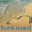 Beach scene with gentle waves on sandy shore, text "Sunkissed" displayed in blue font over colored background bars.