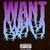 Pixelated text 'WANT' in purple-to-blue gradient with dripping effect on dark background, next to '30H!3' text and black hand silhouette making gesture on white background.