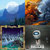 Pixelated static image with four distinct sections: blue sky and mountains, orange-brown landscape, dark purple and blue abstract shape, and a white circular object on dark background.